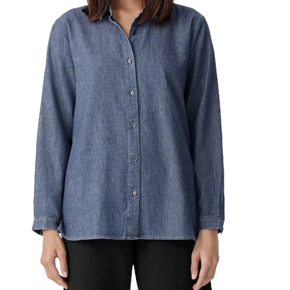 Eileen Fisher Tops - Eileen Fisher Shirt Blue Chambray Organic Cotton Long Sleeve Button Up Size M